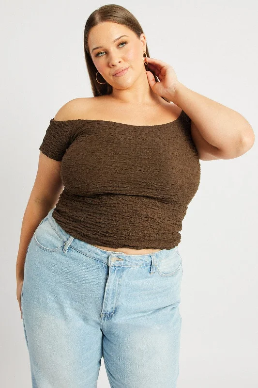 Seasonal Clearance Brown Top Off Shoulder Textured