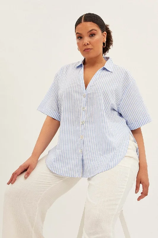 Retro Style Promotions Blue Stripe White Shirt With Shell Button