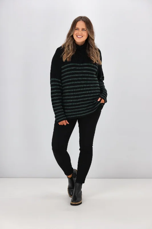 Seasonal Clearance Alpine by Shine On Amberley Striped Merino Jumper Black Olive