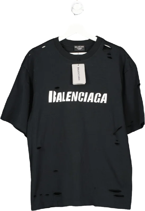 Effortless Style, Endless Impact Balenciaga Black Boxy Logo Print distressed T Shirt UK L