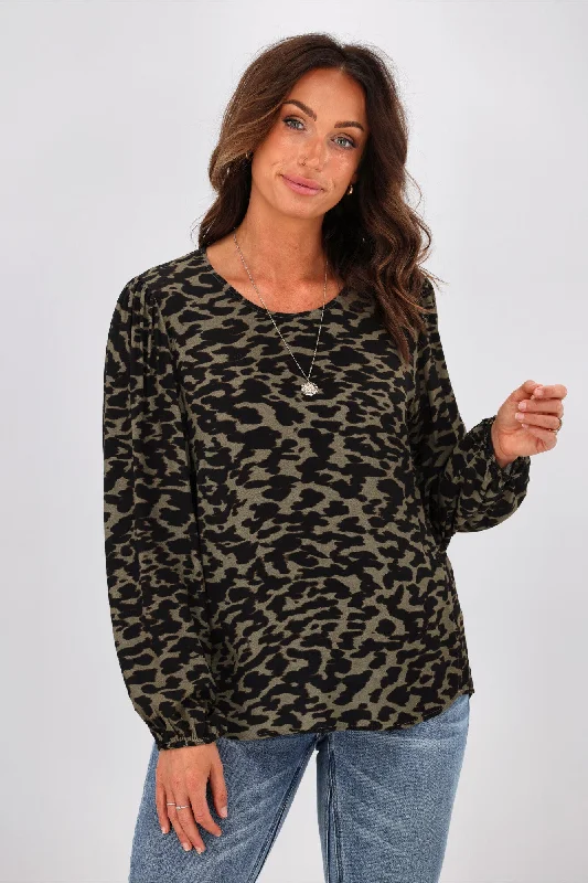 Elegant Style Gloss by Shine On Justine Elasticated Sleeve Top Olive Animal