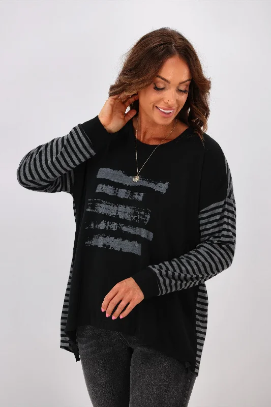 Limited Time Special Offer Alpine by Shine On Nola Striped Hilo Top with Print Black Grey