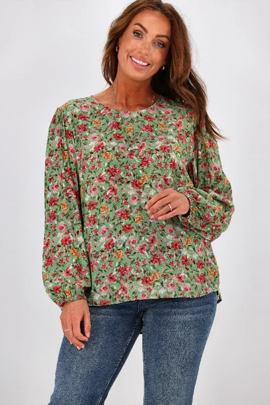 Hot Trends Gloss by Shine On Justine Elasticated Sleeve Top Green Floral