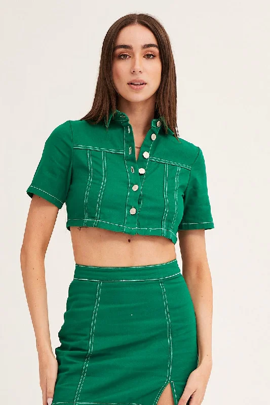 Relaxed Style Deals Green Contrast Stitch Button Up Top