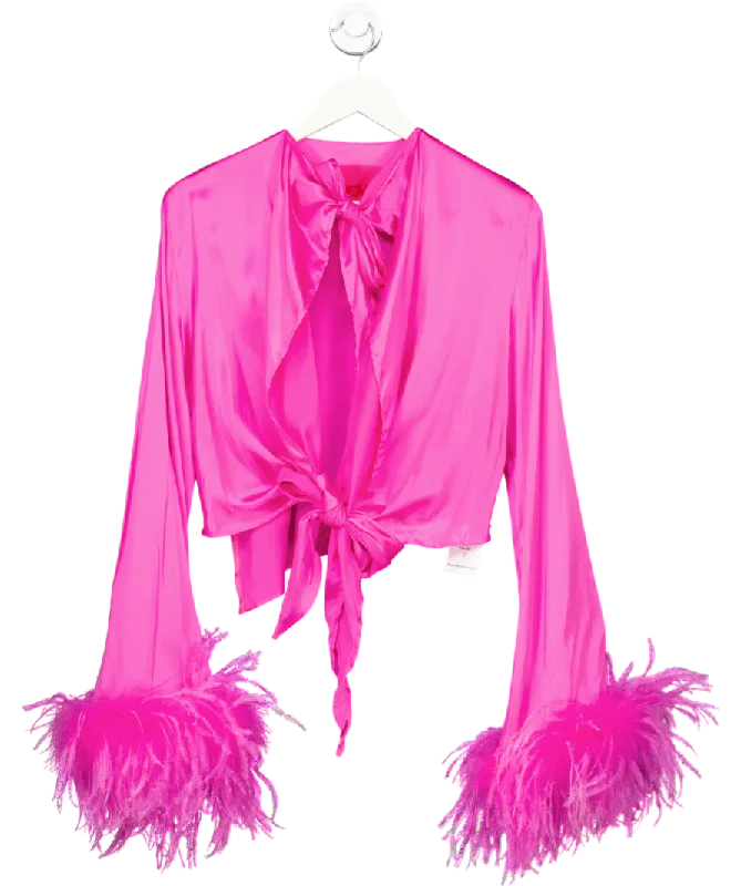 Fashionista Favorites Verguenza Pink Silk Tie-front Feather Cuff Top UK XS/S