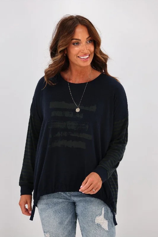 Style Without Limits Alpine by Shine On Nola Striped Hilo Top with Print Ink Olive