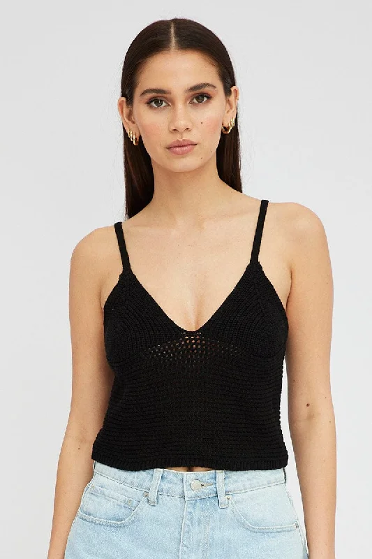 Cozy Chic Promotions Black Crochet Singlet Top V Neck