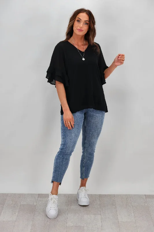 Relaxed Style Deals Gloss by Shine On Harper Frill Sleeve Top Black