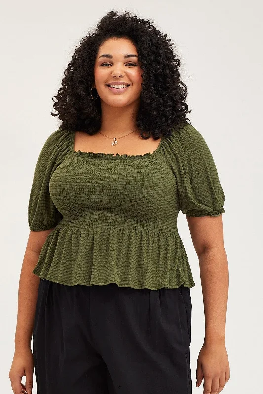 Hot Sale Green Peplum Top Off The Shoulder Puff Sleeve Shirred