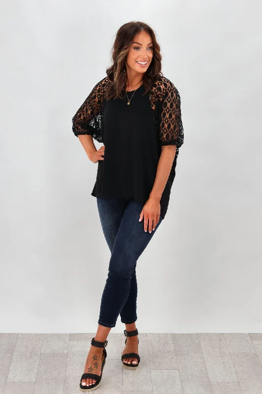 Shop Sales Gloss by Shine On Lara Raglan Lace Sleeve Top Black