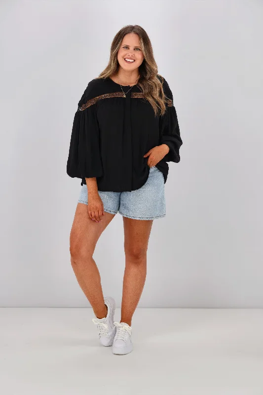 Quick Grab Deals Sass Rava Boho 3/4 Sleeve Top Black