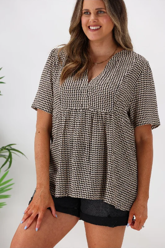 Huge Discounts This Week Shine On Label Puff Sleeve Top Houndstooth Print