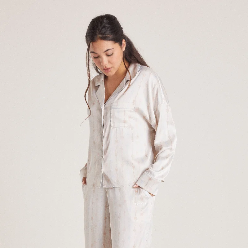 Cozy Comfort Style Sale Bow Satin Pyjama Shirt - Pearl