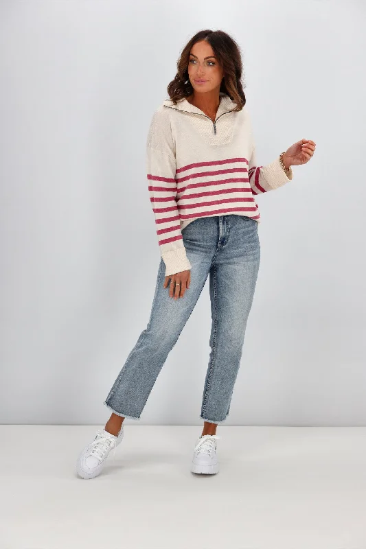 New Arrivals Alpine by Shine On Rhianna Quarter Zip Striped Merino Jumper Oatmeal w Rose