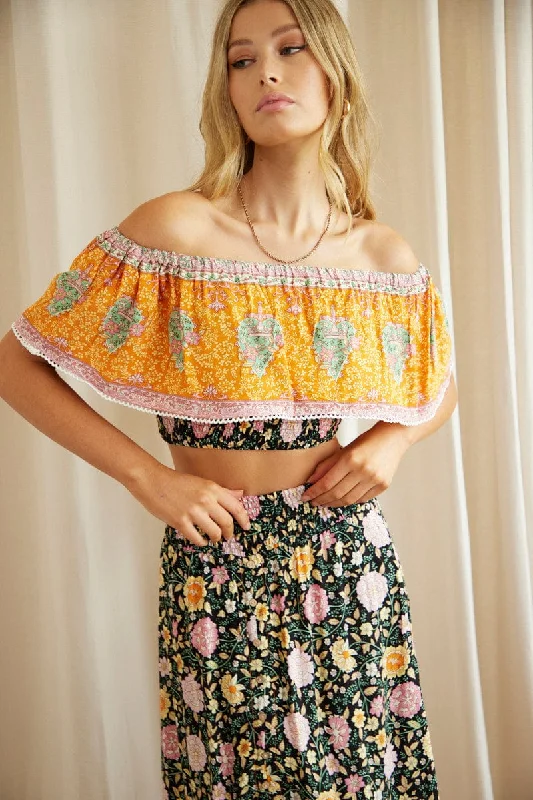 Trend Alert Boho Print Off Shoulder Shirred Waist Bardot Top