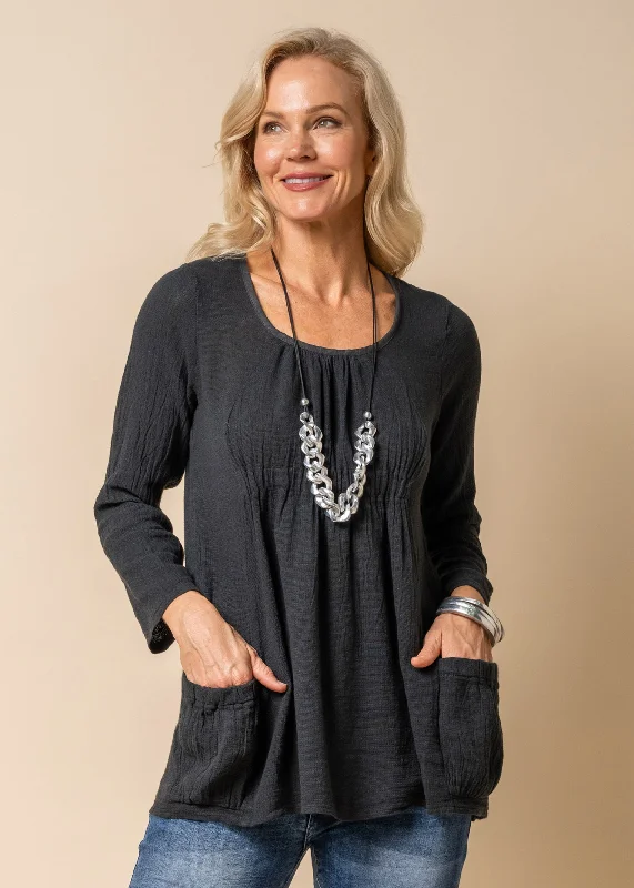 Budget Saver Dorie Linen Blend Top in Granite