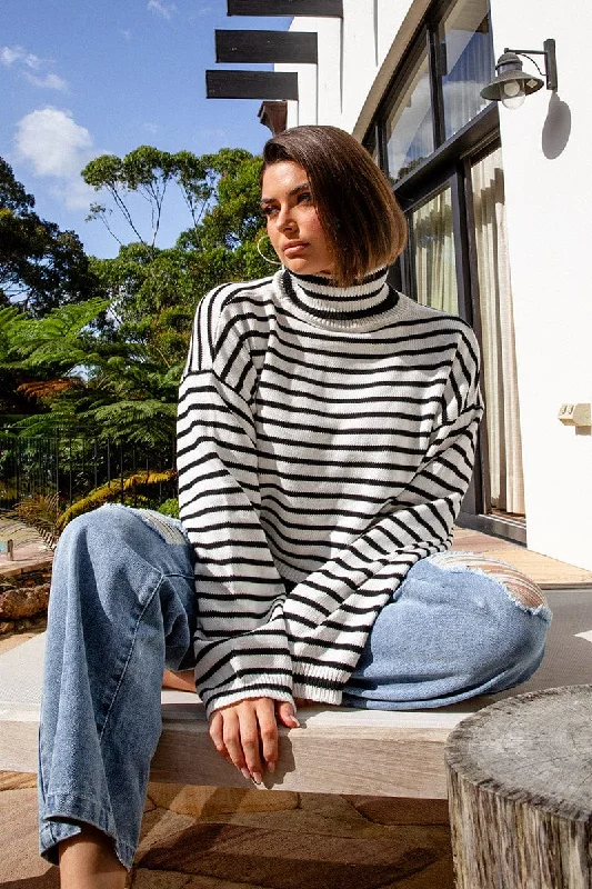 Fast Fashion Favorites White Stripe Stripe Knit Jumper High Neck