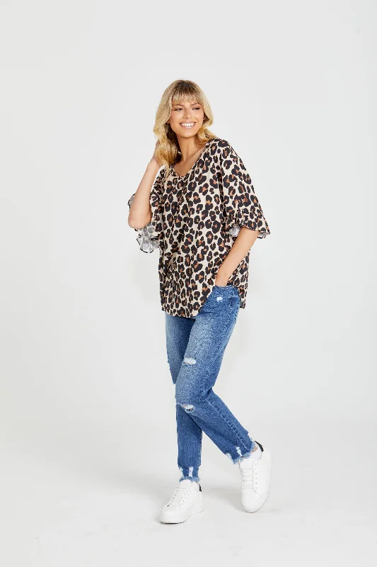 Embrace New Fashion Sass Kylie Relaxed Frill Sleeve Top Animal