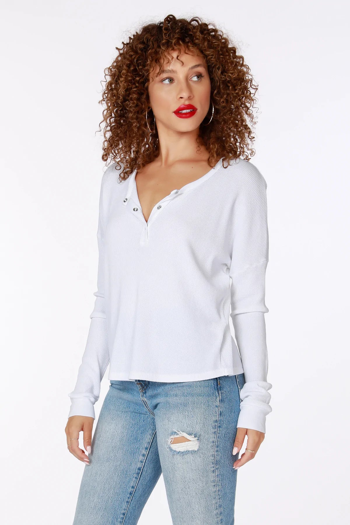 Casual Chic Snap Henley Thermal Top - White