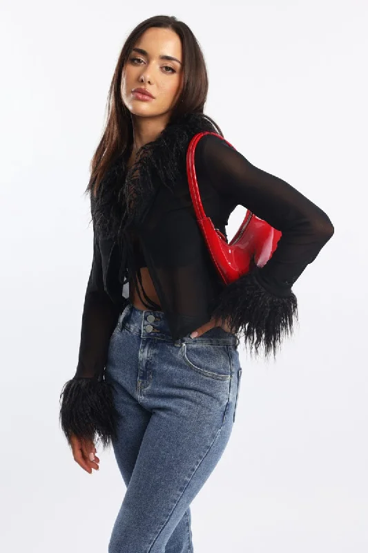 Mega Sales Black Top Faux Fur Neckline And Cuff