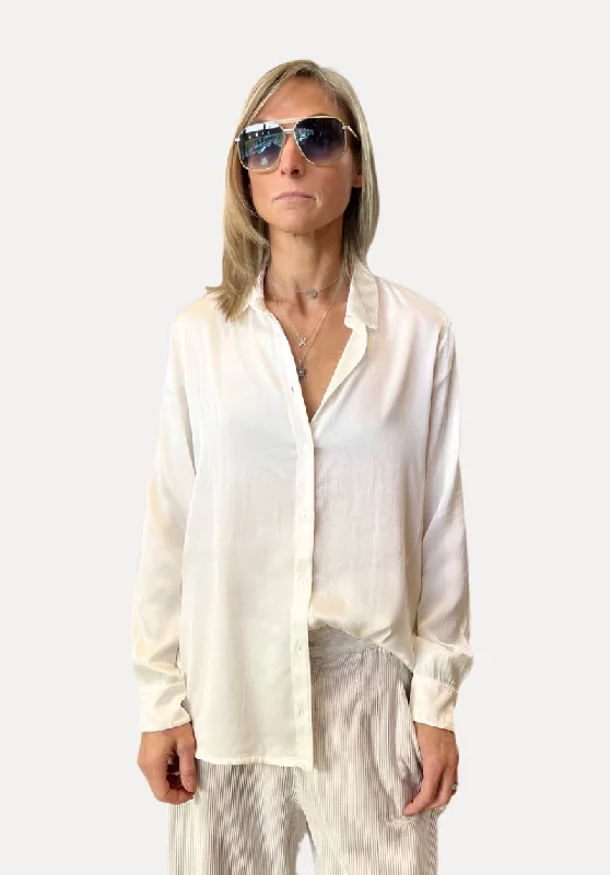 Vintage-Inspired Style Offers Stretch Satin Silk Shirt - Off White