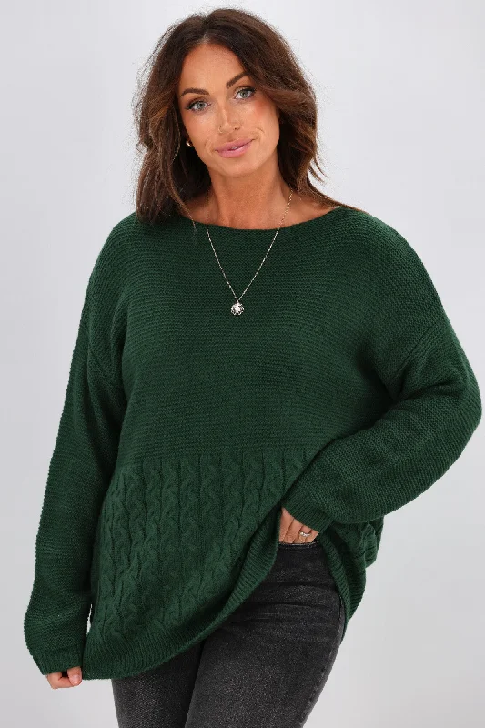 Chic & Modern Sales Shine On Label Maria Cable Detail Drop Shoulder Jumper Forest Green