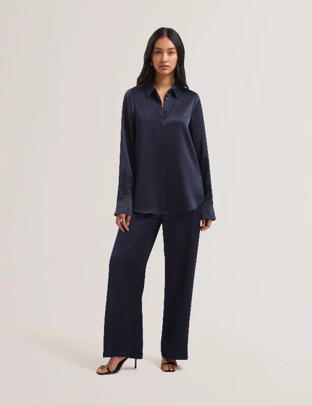 Style Redefined Sonora Long Line Satin Shirt Navy