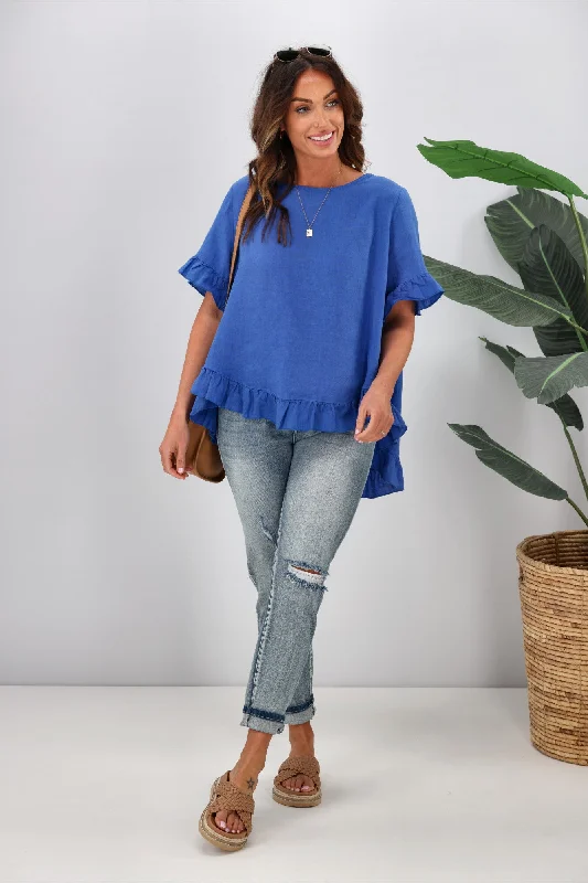 Style Revolution Cali & Co Frill Linen Top Cobalt Blue