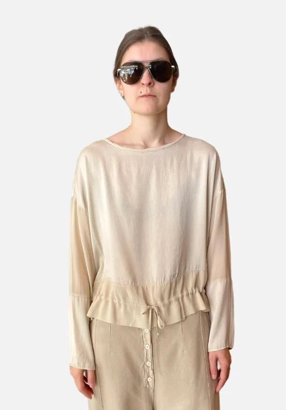 Winter Warehouse Sale Oversize Stretch Silk Satin Shirt w/ Drawstring - Sand