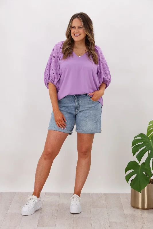 On-Trend Fashion Offers Shine On Label Truly Broderie Sleeve Top Lilac