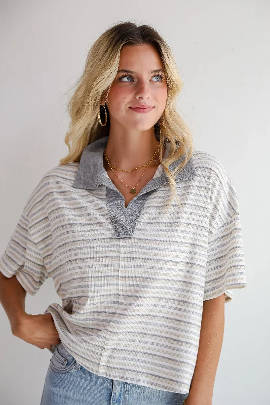 Shop Sales FINAL SALE - Simple Vibes White Striped Collared Top