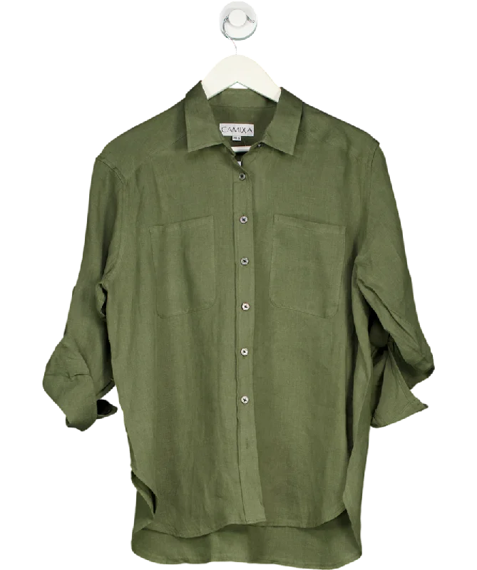 Sophisticated Style Offers CAMIXA Luna Olive Green Oversized Linen Shirt With Pockets UK XS/S