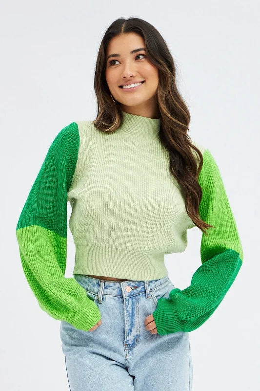 Flirty Fashion Discounts Green Knit Jumper Colour Block