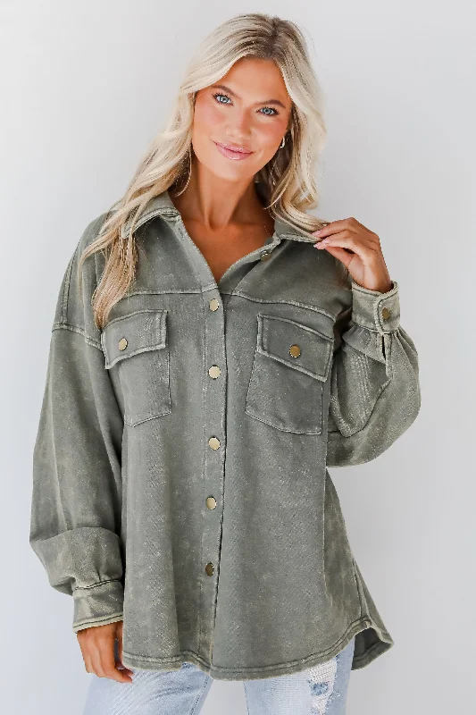 Premium Style FINAL SALE - Impeccable Style Olive Acid Wash Button-Up Top