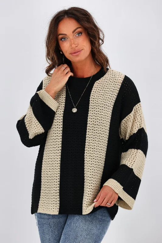 Day-To-Night Styles Shine On Label Vertical Stripe Jumper Black Oatmeal