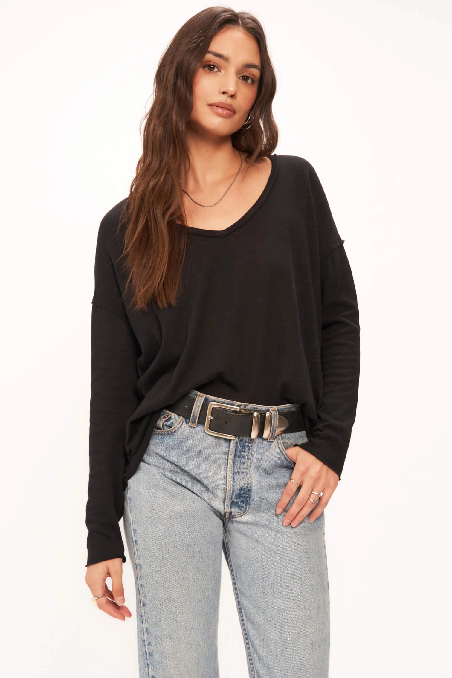 Flash Sale Fever Mae Textured Relaxed V Neck L/S - Black