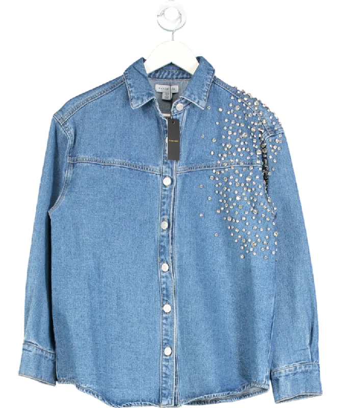 Special Offer Warehouse Blue Premium Crystal Embellished Sequin Oversized Shirt UK 10