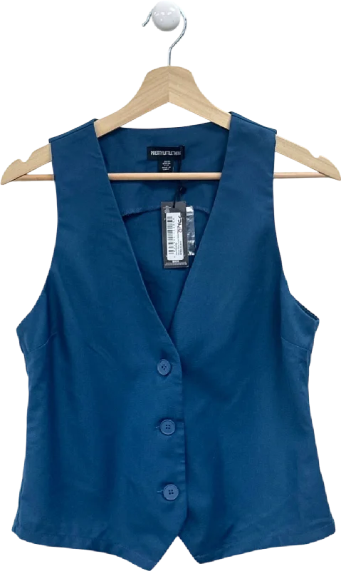 Luxury Casual Deals PrettyLittleThing Petrol Blue Woven Fitted Pocket Detail Waistcoat UK 10