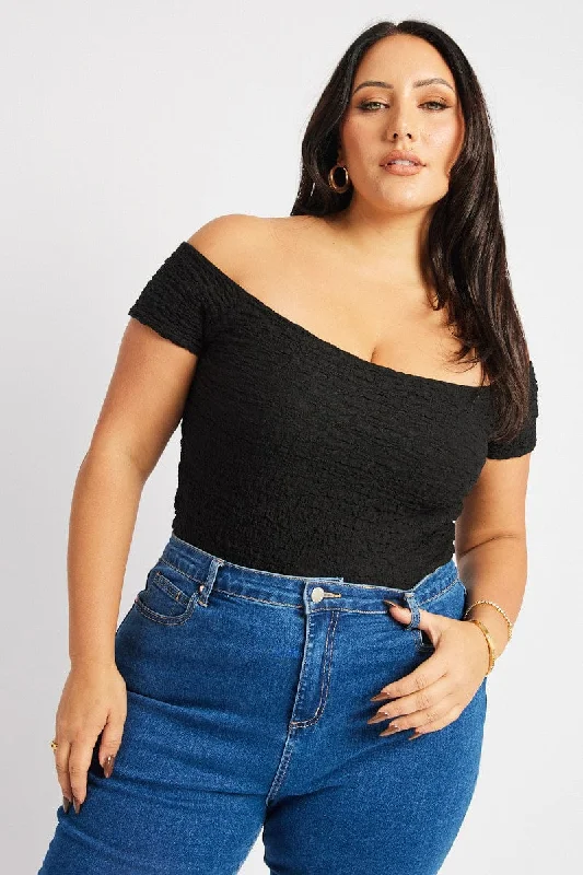 New Season Fashion Preview Sale Black Top Off Shoulder Textured