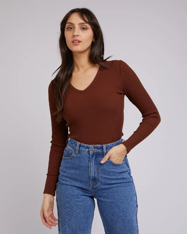 Limited Time All About Eve Rib V Neck L/S Top Brown