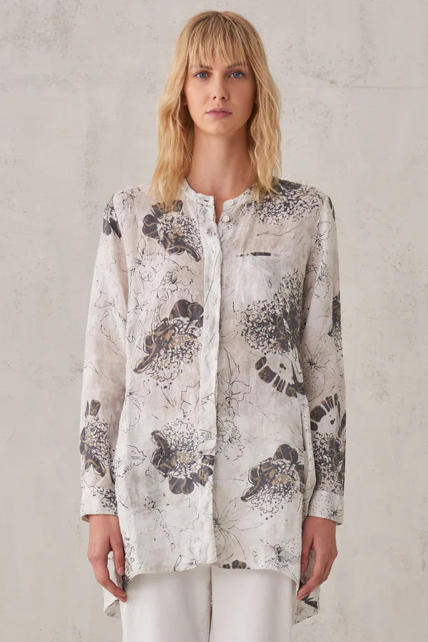 Hot Sale Printed Linen Mandarin Collar Shirt - White