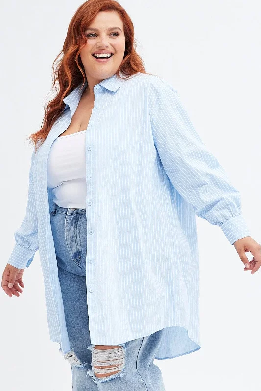 Feminine Style Promotions Stripe Oversized Shirt Longline Cotton