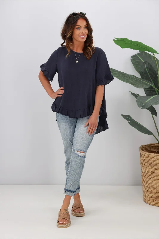 Unleash Your Trendy Side Cali & Co Frill Linen Top Navy