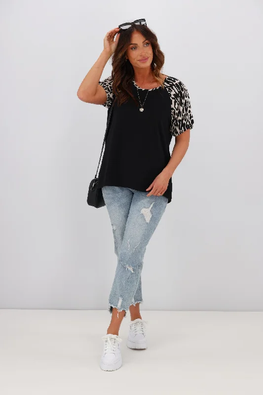 Street Style Discounts Shine On Label Sariah Animal Print Puff Sleeve Top Black