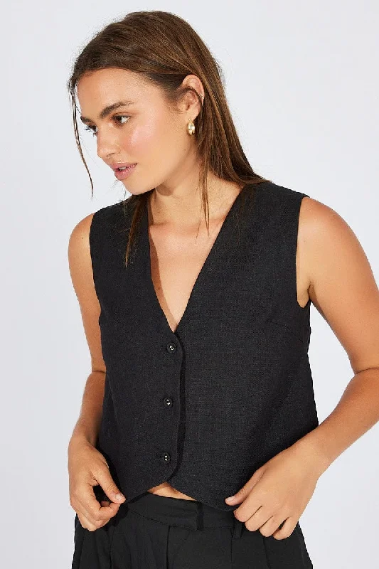 Limited Time Flash Sale Black Linen Waistcoat