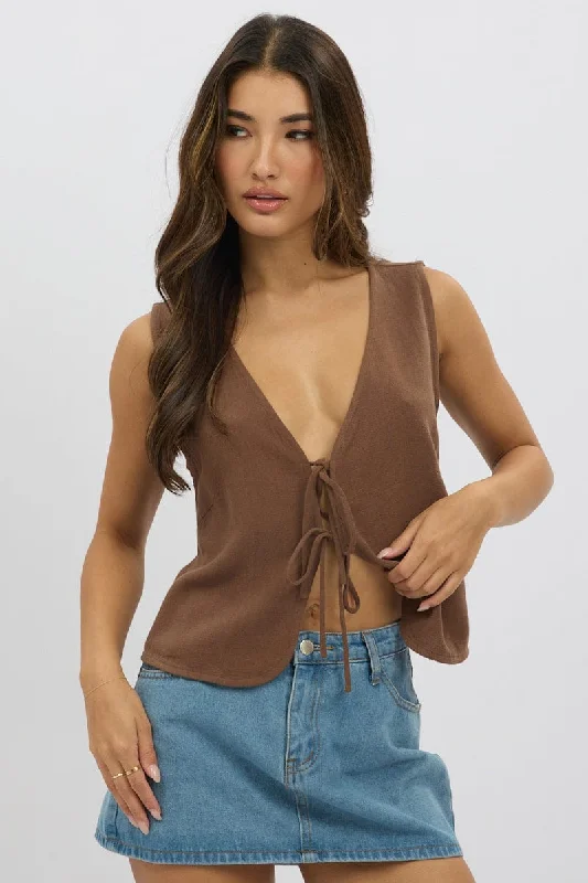 Daily Deals Brown Abstract Tie Up Top Linen