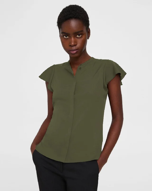 Fashionista Favorites Ruffle Sleeve Silk Georgette Shirt - Dark Olive