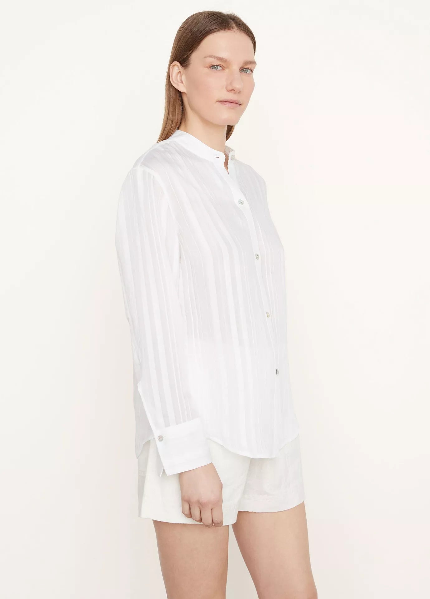 Limited Time Deal Drapey Stripe Band Collar Shirt - Optic White