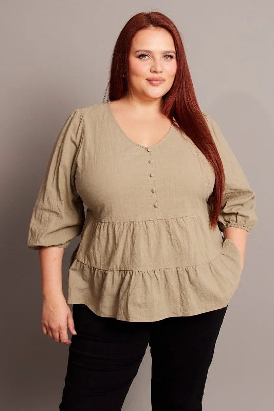 Ride The Style Wave Green Smock Top 3/4 Sleeve V-neck