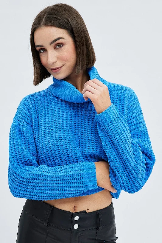 Street Chic Discounts Blue Knit Jumper Turtle Neck Chenille